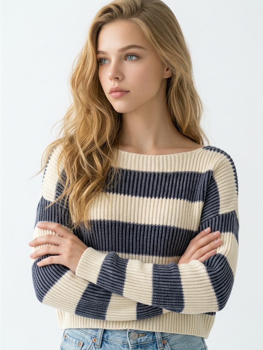 Free People Striped Cropped Crewneck Sweater in Navy and Cream